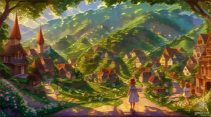 a painting of one young girl standing a road