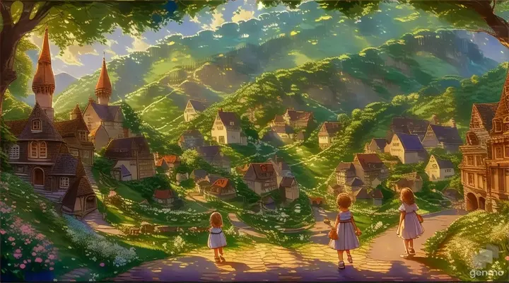 a painting of one little girl standing a road