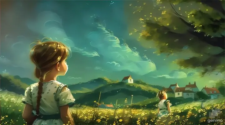 a little girl standing in a field looking at the sky