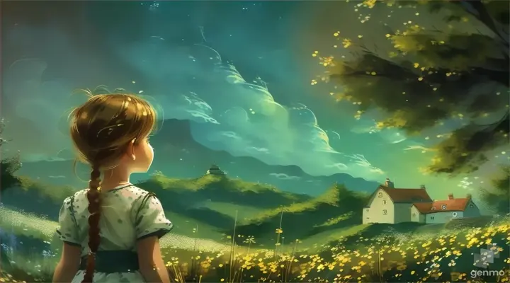 one little girl standing in a field looking at the sky