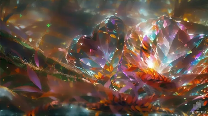 a crystal heart surrounded by leaves and flowers