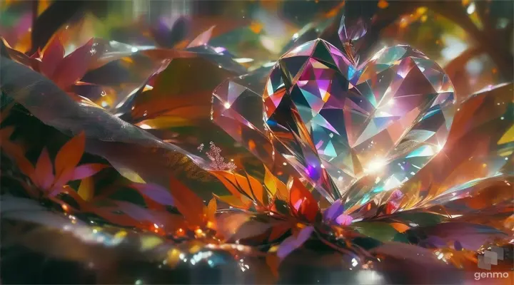 a crystal heart surrounded by leaves and flowers