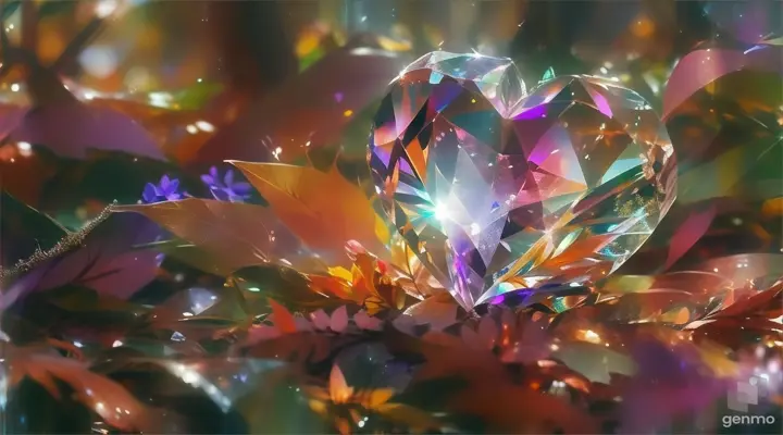 a crystal heart surrounded by leaves and flowers