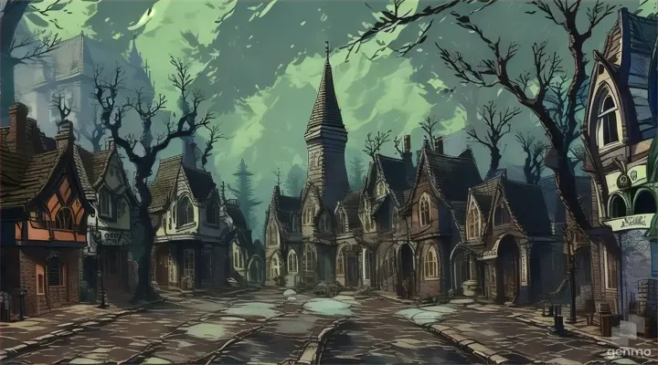 a painting of a city street with old buildings