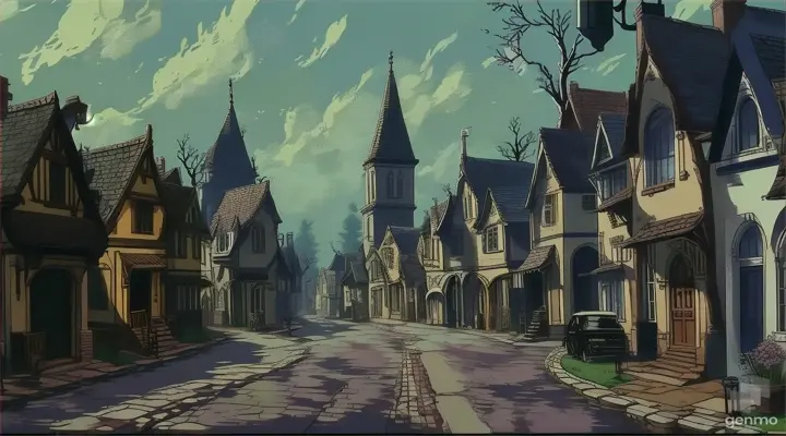 a painting of a city street with old buildings