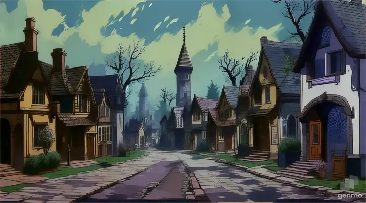 a painting of a city street with old buildings