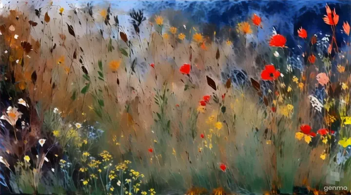 a painting of flowers and grass in a field