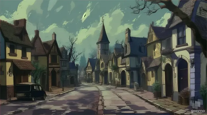 a painting of a city street with old buildings