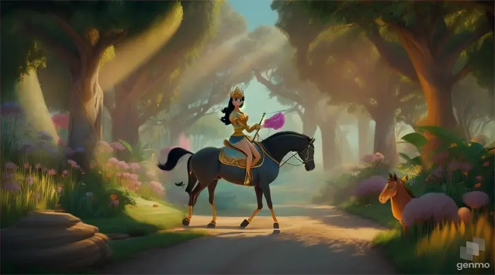 /imagine prompt: 3D animation, personality: [Illustrate Uplifting Cartoon characters engaging in fun activities Princess Jasmine Monroe, dressed in royal hunting attire, riding through the jungle on horseback. It should feel otherworldly and magical.] unreal engine, hyper real --q 2 --v 5.2 --ar 16:9