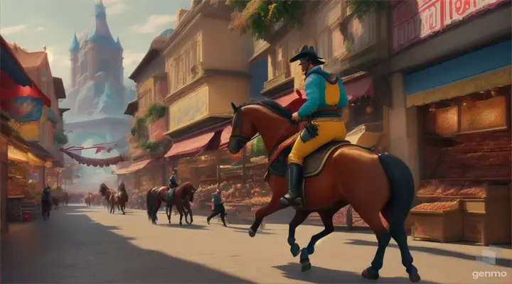 /imagine prompt: 3D animation, personality: [Illustrate Uplifting Cartoon characters engaging in fun activities Marcus Steele, riding the magnificent horse through the market, attracting attention from bystanders. It should feel otherworldly and magical.] unreal engine, hyper real --q 2 --v 5.2 --ar 16:9