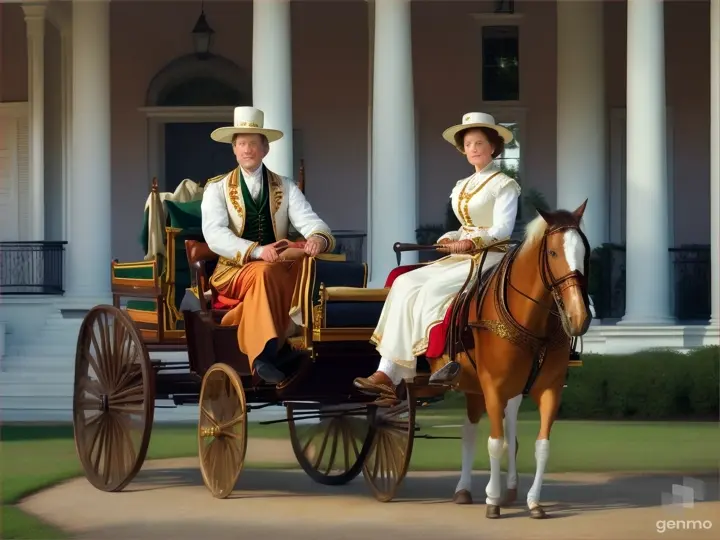 A wealthy plantation owner and his wife dressed in traditional outfits riding in a horse-drawn cart in front of their big house at a plantation in New Orleans.