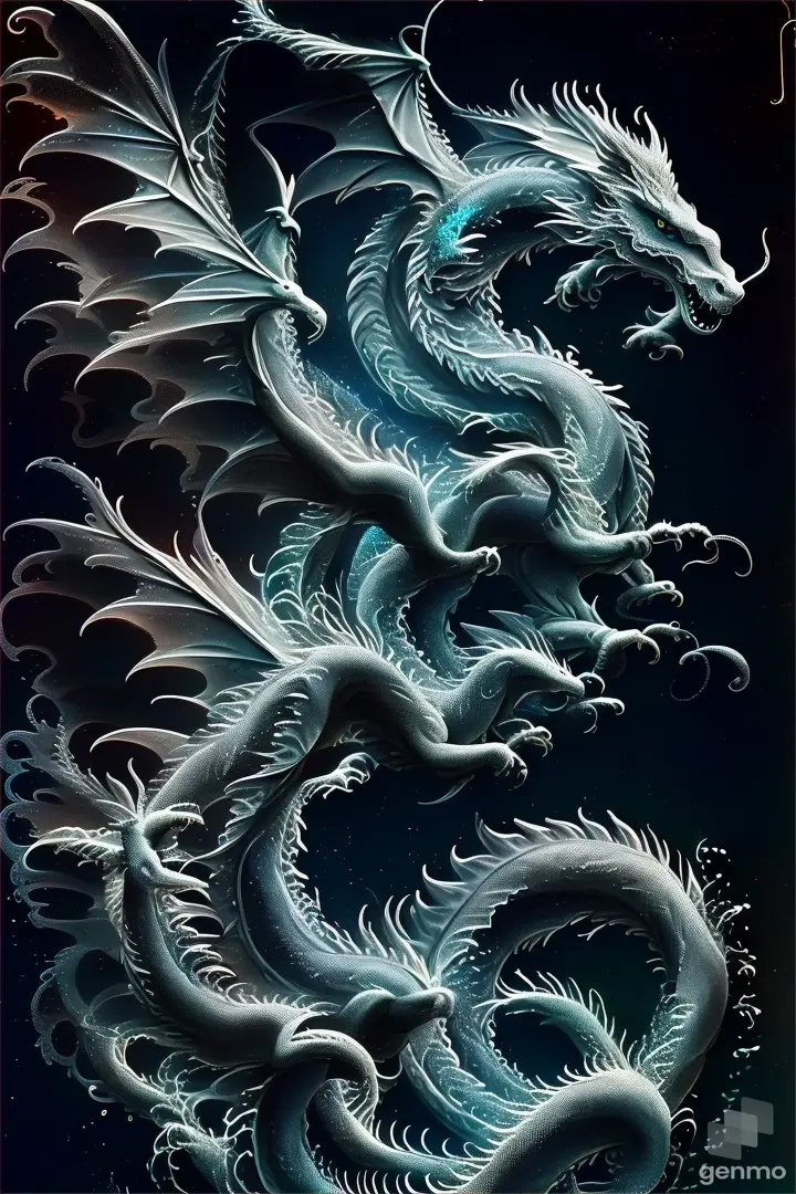 a painting of a white dragon on a black background