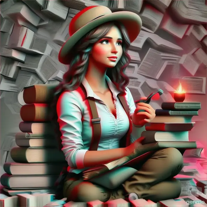 a woman in a hat sitting on a pile of books