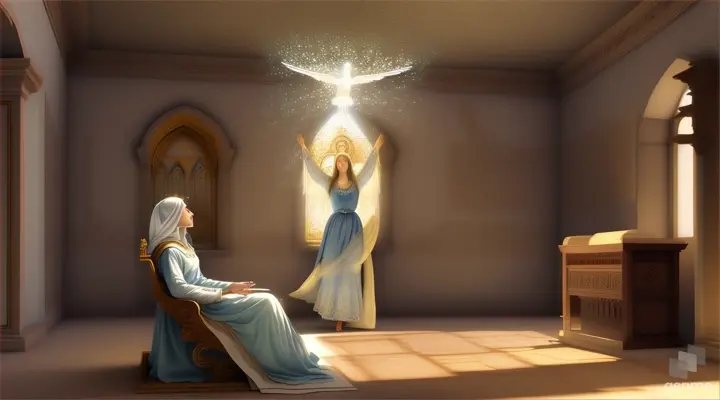 Divine Encounter: Sketch a scene depicting Mary in a modest, ancient dwelling, bathed in celestial light emanating from above, as the Holy Spirit, represented as a dove or ethereal figure, descends upon her, conveying the sacred moment of the Annunciation.