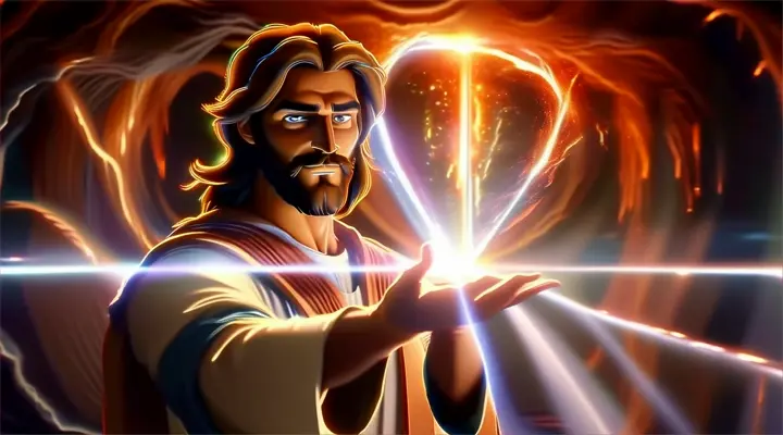 a painting jesus , flash photography, cartoon, heat, art, fictional character, graphics, cg artwork, darkness, lens flare