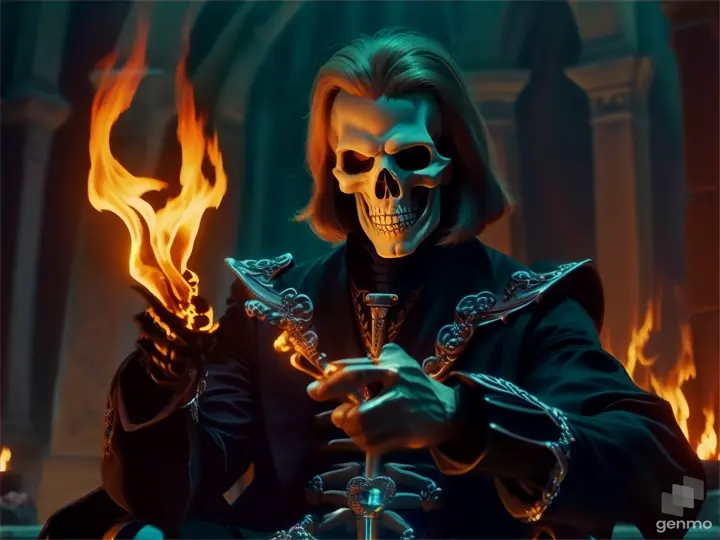 a skeleton holding a flame in his hands