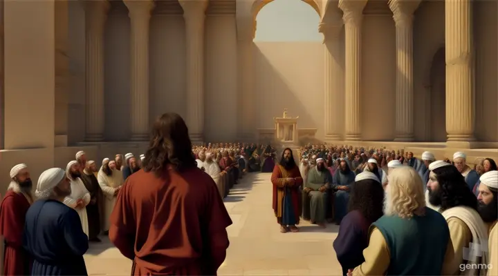 Teaching in the Temple: Depict Jesus in the courtyard of a grand temple in an ancient city, surrounded by a multitude of people eager to hear his wisdom and teachings, as he engages in dialogue and debate with religious leaders, challenging tradition and revealing deeper truths.