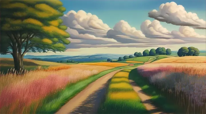 Realistic, real, beautiful and stunning landscape oil painting Studio Ghibli Hayao Miyazaki Petals Grassland Blue Sky Grassland Country Road, building,