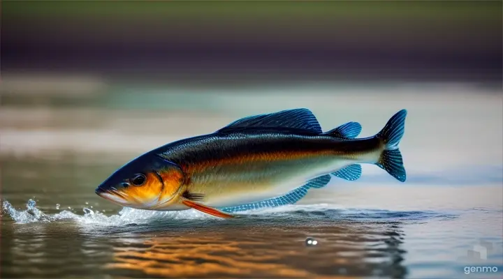 Scene 4:

The careless fish swiftly makes its decision, determination evident in its movements.
Slow-motion shot of the fish leaping out of the water, just before the nets are thrown.