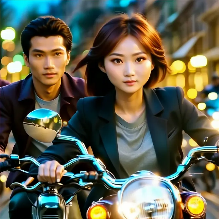 Close-up of the woman and man's faces, illuminated by the light of the street lamps as they speed through the city on their motorbikes