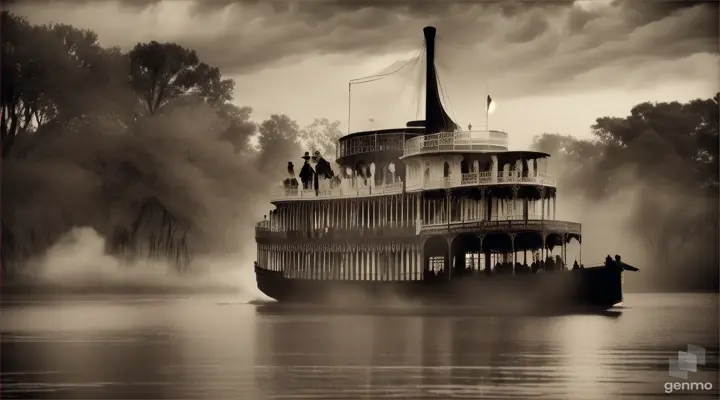 A paddle wheel steamer boat on the Mississippi River with creole voodoo practicing people on board, singing, playing accordion, fiddles and beating drums.