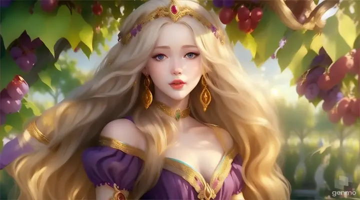 a princess with long gold hair or grey eyes , white skin with long blonde hair wearing a purple dress standing in grapes garden
