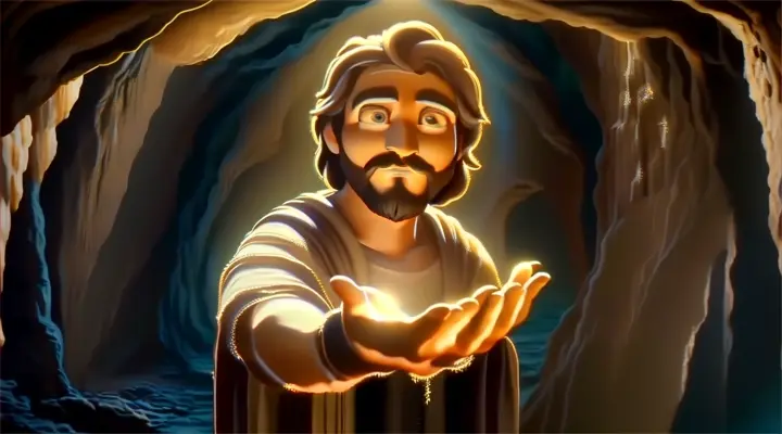 a painting of jesus in a cave holds out a glowing palm.