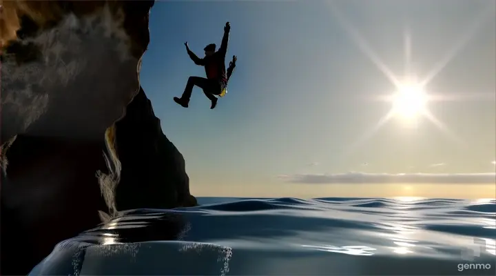 A person jumping from a cliff into the ocean