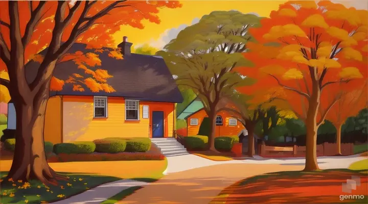 a two-colored house, two trees, a black cat, background orange-yellow gradient, by Inge Schuster Artist 16:9