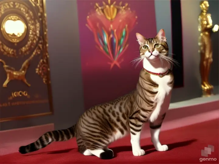 a beautiful realistic cat on its hind legs in a Gucci dress, on the carpet surrounded by the Hollywood elite