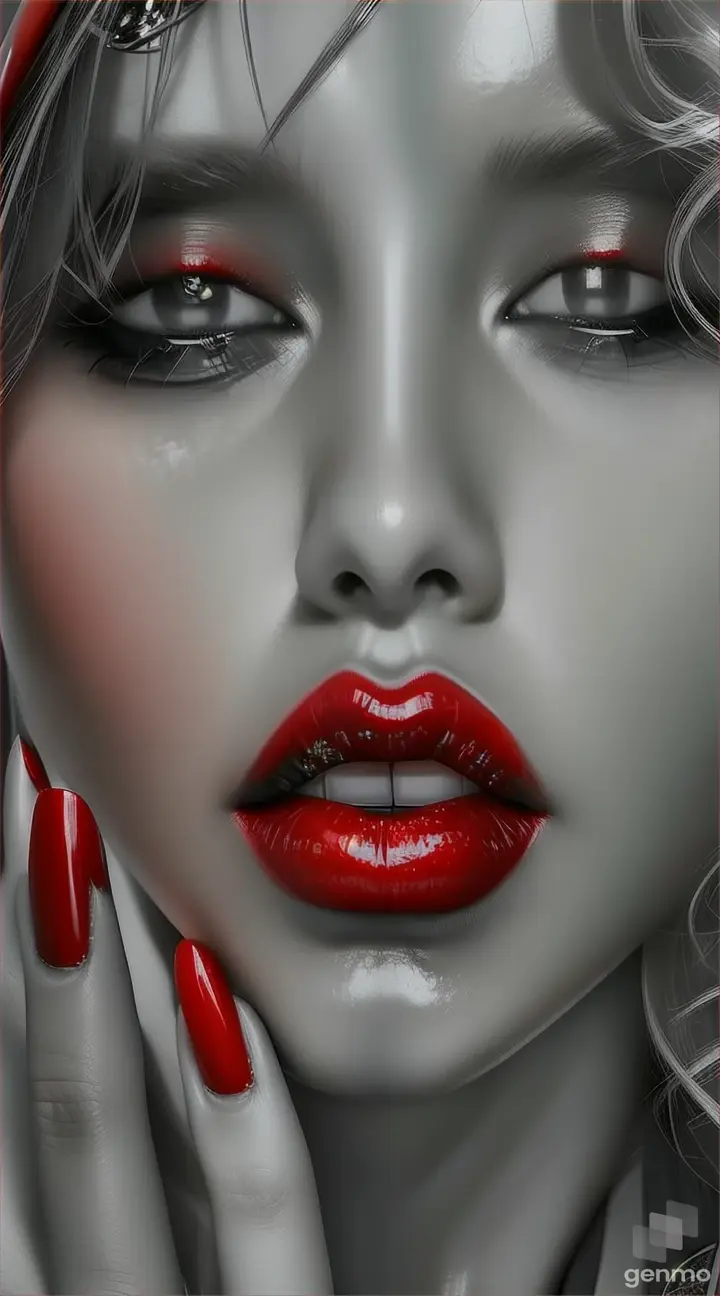 a woman with red lipstick and a red manicure