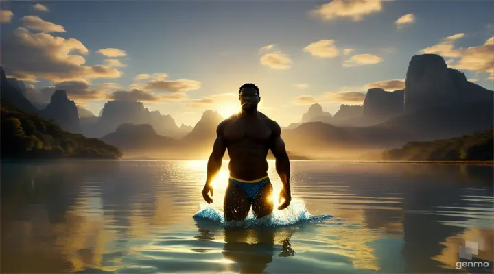 black man walking in a deep blue river