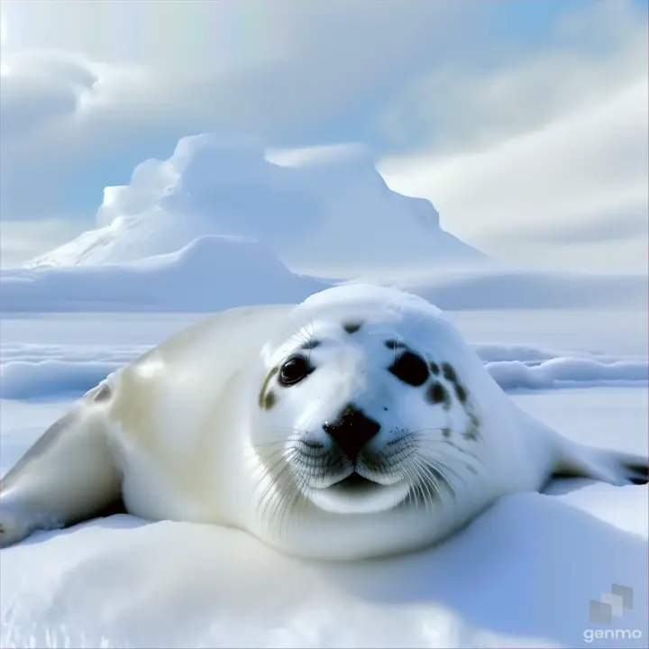 a white seal laying on top of snow covered ground