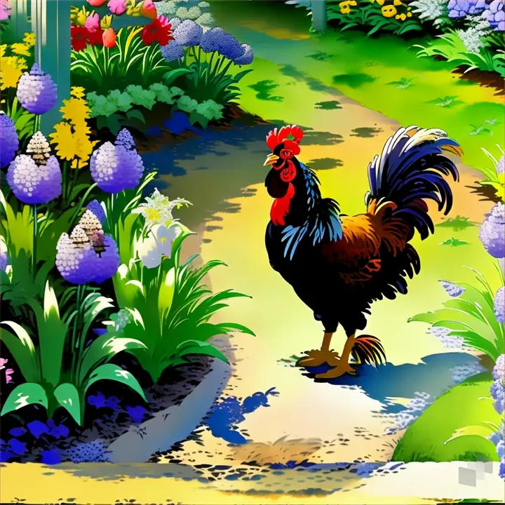 a rooster walks through a garden of flowers