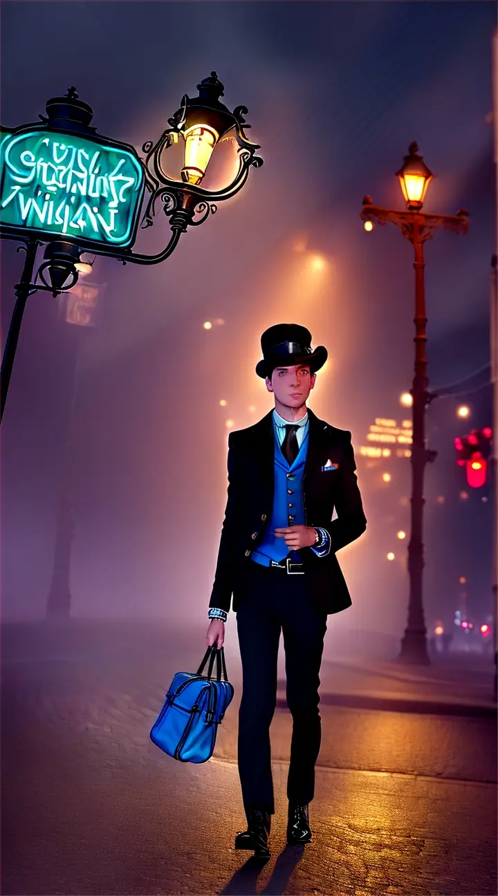 A stylish chimney sweep walks along a metropolis street filled with warm glowing neon and animated city signs. He wears a black jacket made of quality leather, a light blue vest with black buttons, a blue shirt, and carries a bright blue bag. He walks confidently and at ease. There are many streetlights on the sidewalk. The light of the illuminations is reflected on the asphalt, creating a mirror effect of multi-colored lights. Pedestrians pass nearby.