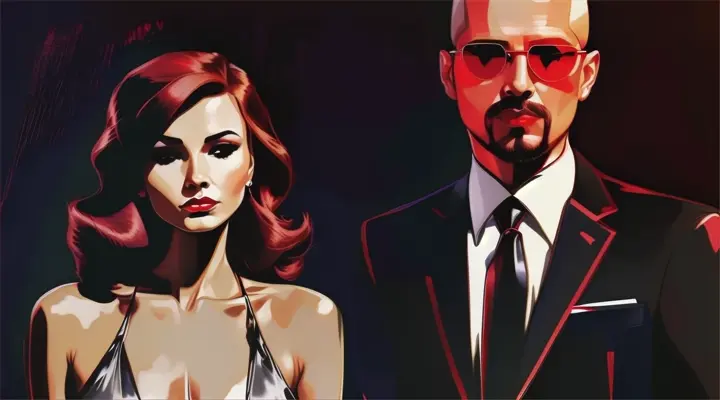 a drawing of a woman with long brown hair and a bald man with a full goatee wearing red sunglasses and a black suit and tie against a pure black background