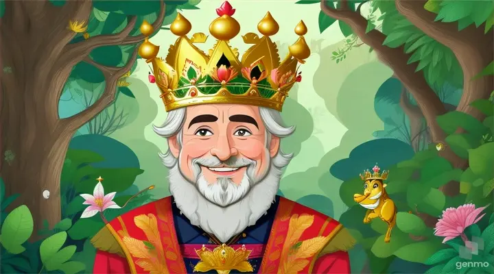 Cartoon beautiful 60 years old king in jungle 
