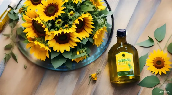 Creative floral concept. Sunny big sunshine yellow sunflower sunflowers with leaf leaves with glass bottle of olive oil. Mock up presentation. copy text space. top view, flat lay 16:9