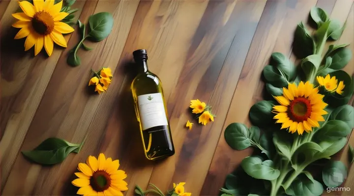 Creative floral concept. Sunny big sunshine yellow sunflower sunflowers with leaf leaves with glass bottle of olive oil. Mock up presentation. copy text space. top view, flat lay 16:9