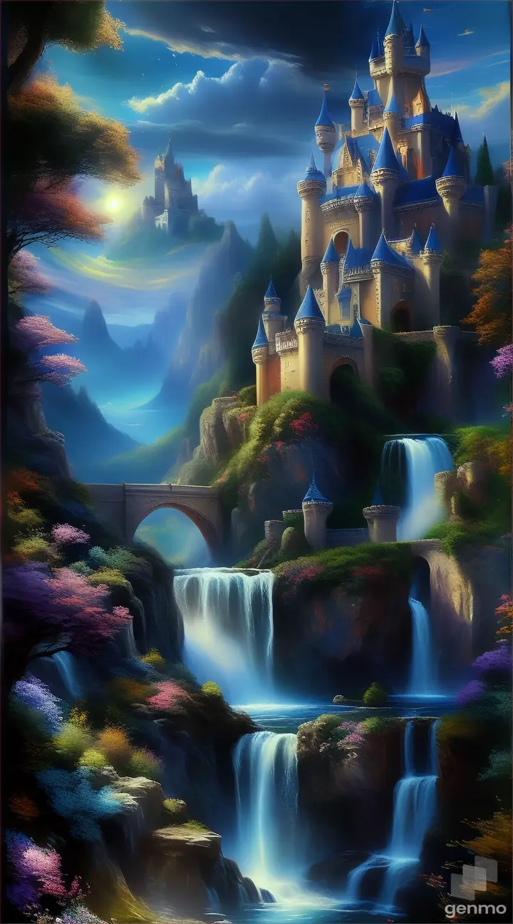 a painting of a castle by a waterfall