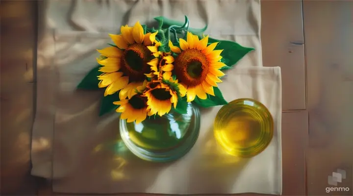 Creative floral concept. Sunny big sunshine yellow sunflower sunflowers with leaf leaves with glass bottle of olive oil. Mock up presentation. copy text space. top view, flat lay 16:9