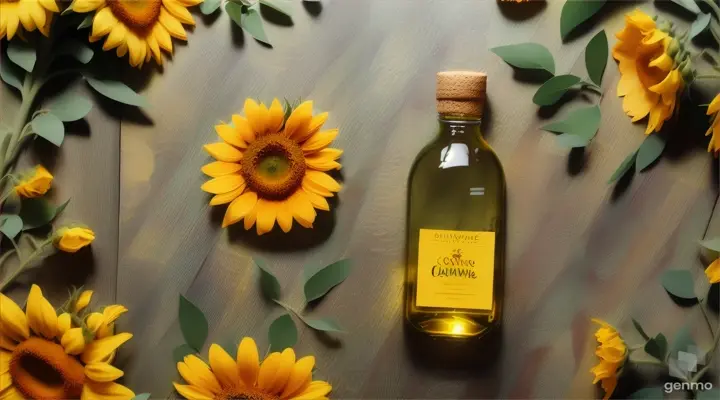 Creative floral concept. Sunny big sunshine yellow sunflower sunflowers with leaf leaves with glass bottle of olive oil. Mock up presentation. copy text space. top view, flat lay 16:9