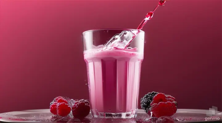 Creative food template. Topping fruit raspberry and ice cube splashing dropping onto glass of milk milkshake yoghurt smoothie with liquid droplet on dark red gradient background. copy text space 16:9