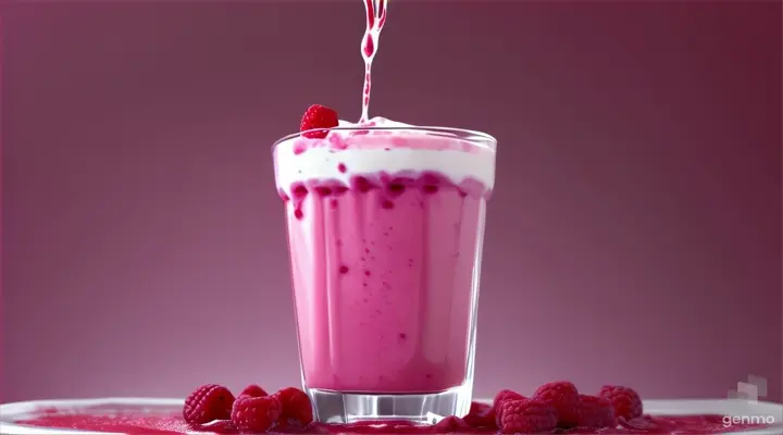 Creative food template. Topping fruit raspberry and ice cube splashing dropping onto glass of milk milkshake yoghurt smoothie with liquid droplet on dark red gradient background. copy text space 16:9