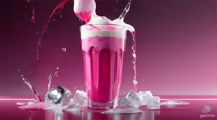 Creative food template. Topping fruit raspberry and ice cube splashing dropping onto glass of milk milkshake yoghurt smoothie with liquid droplet on dark red gradient background. copy text space 16:9