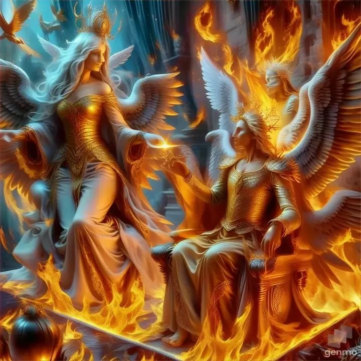 a painting of an angel sitting on a throne surrounded by fire