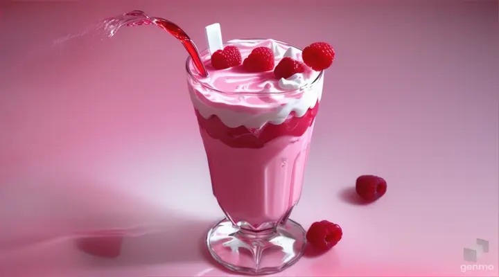 Creative food template. Topping fruit raspberry and ice cube splashing dropping onto glass of milk milkshake yoghurt smoothie with liquid droplet on dark red gradient background. copy text space 16:9