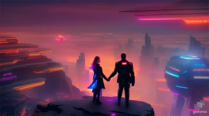 A couple standing on a cliff, overlooking a beautiful landscape. ((cyberpunk style)), Hi-Tech city, mechanical enhancement, (high-tech fantasy), robotics, blade runner 2049, 