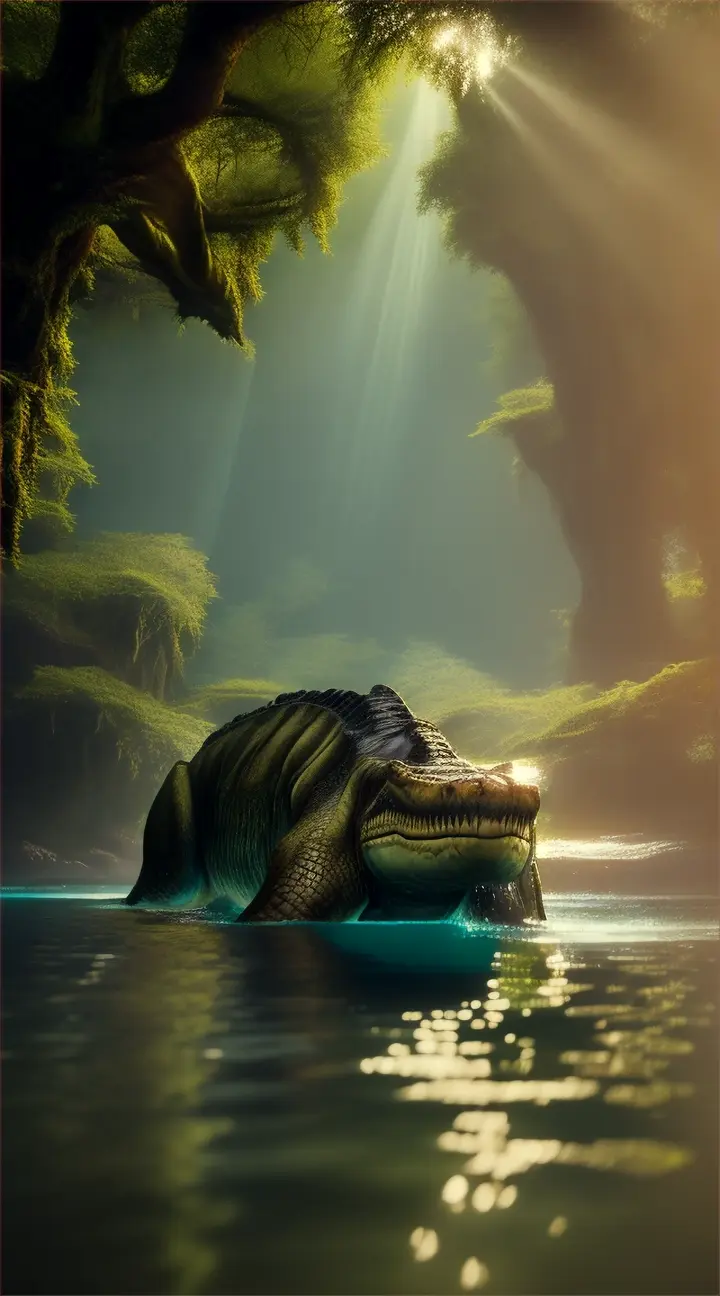 Realistic style. Envision a primeval forest, with a stealthy crocodile gliding through the water, embodying the essence of prehistoric resilience amidst the lush, ancient ecosystem