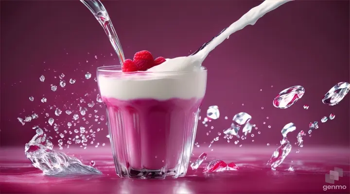 Creative food template. Topping fruit raspberry and ice cube splashing dropping onto glass of milk milkshake yoghurt smoothie with liquid droplet on dark red gradient background. copy text space 16:9